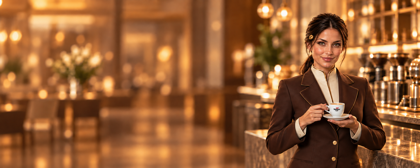 Personajul digital Buono Caffè cu o ceașcă de cafea din porțelan